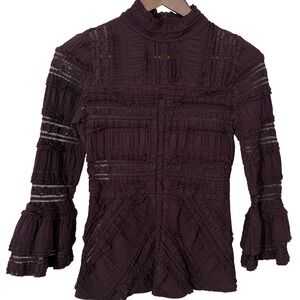 Cinq à Sept Antonia Victorian Lace Ruffle Top Purple Bridgerton Mock Neck Sheer